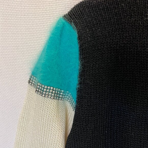 VTG Susann D 1980s Glam Color Block Sweater Medium Black White Blue Rhinestones - Picture 9 of 10